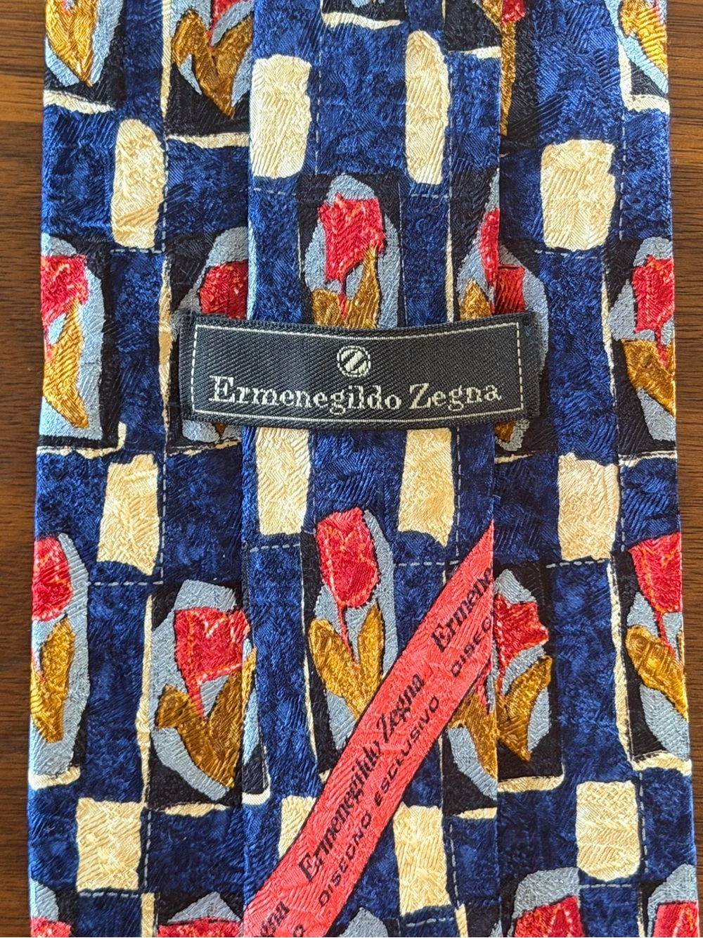 Ermenegildo Zegna Navy Blue Silk Tie with Red Floral Motif
